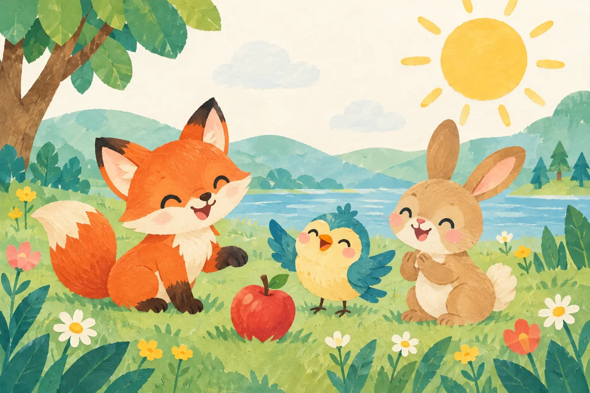 きつね、ことり、うさぎが草原で遊んでいる